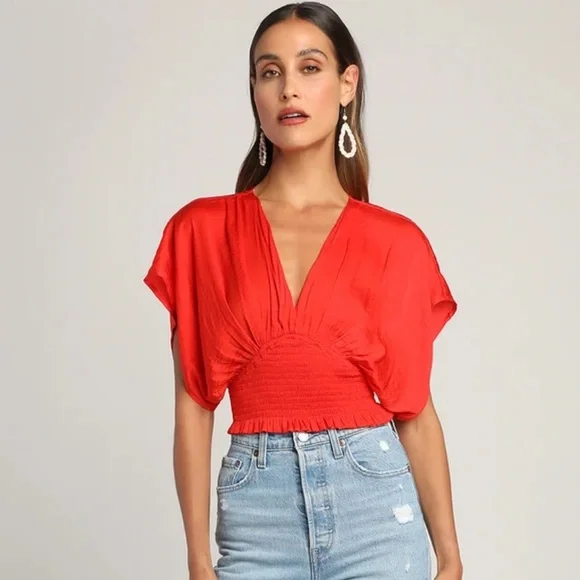Lulus City Views Red Tie-Back Short Batwing-Sleeve Smocked Top - Picture 1 of 9